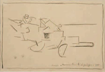 Carlo Carrà, Cannone trainato al galoppo, 1915, matita su carta, 16,3x23, Milano, Collezione privata
