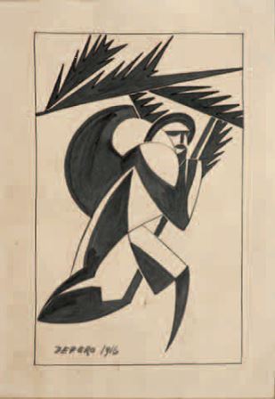 Fortunato Depero, Soldato con foglie, 1916, china su carta, 28x19, Milano, Collezione privata