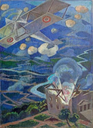 Gerardo Dottori, Bombardamento aereo, 1927, tempera su tavola, 50x37, Milano, Collezione privata