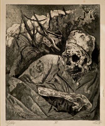 Otto Dix, Cadavere sul filo spinato, Fiandre, 1924, acquaforte, 30x24,3, Milano, Collezione privata