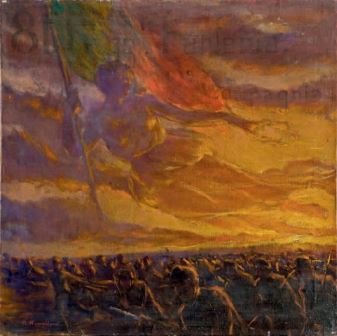 Plinio Nomellini, Allegoria della Vittoria sull&#039;esercito in marcia, 1918 c.a, olio su tela, 51x51, Milano, Collezione privata