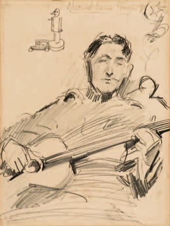 Soldato che suona la chitarra, 1918, matita su carta, 34,5x26, Milano, Collezione privata