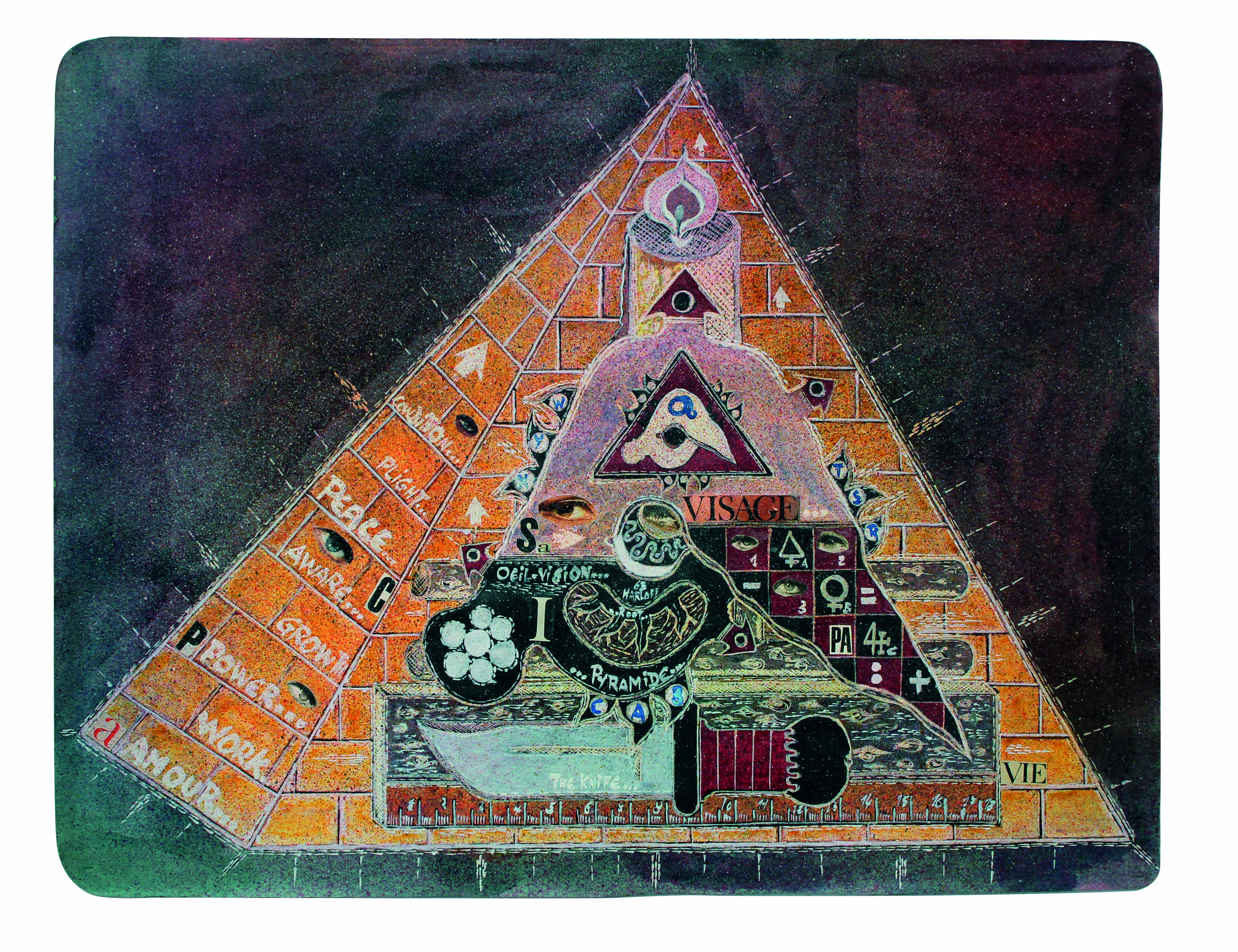 La grande pyramide, 1963, collage e inchiostri su carta, cm 48,3x63